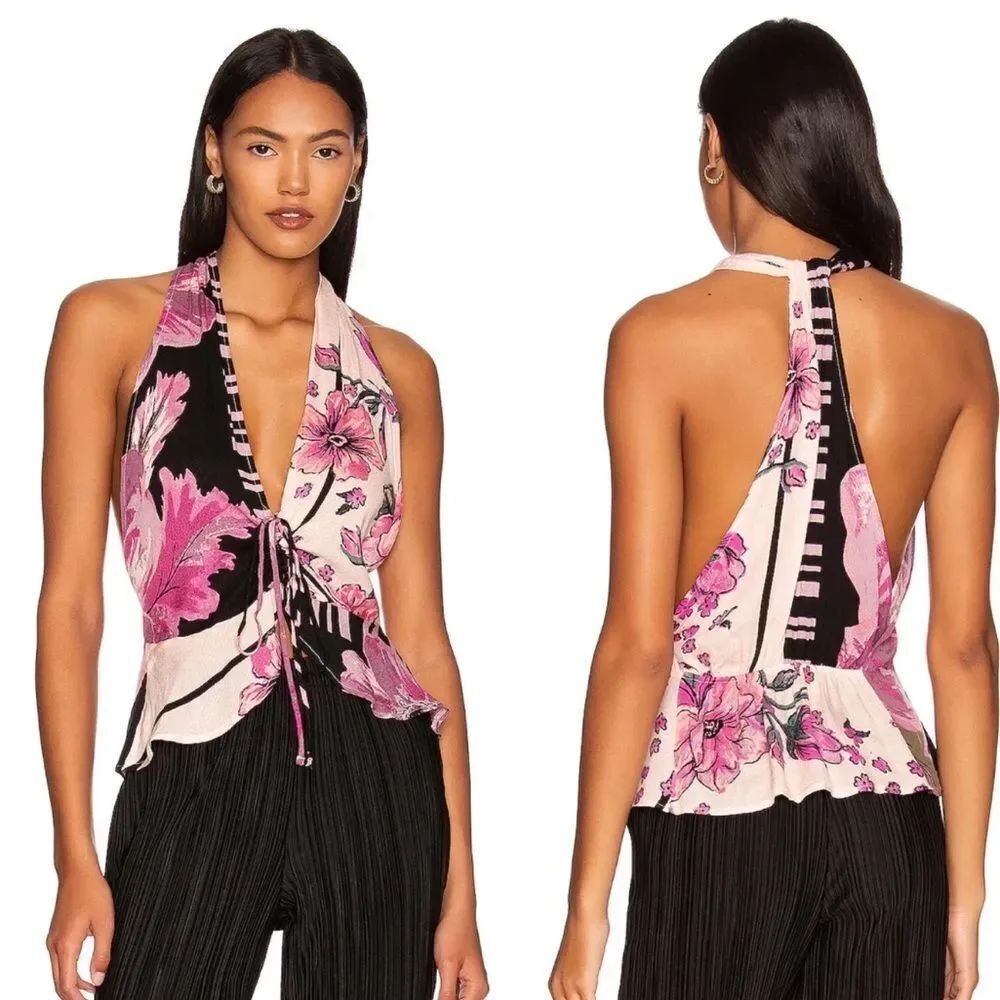 NWT Free People Hot Tropics Floral Halter V-Neck Peplum Tank Top Dark Combo M
